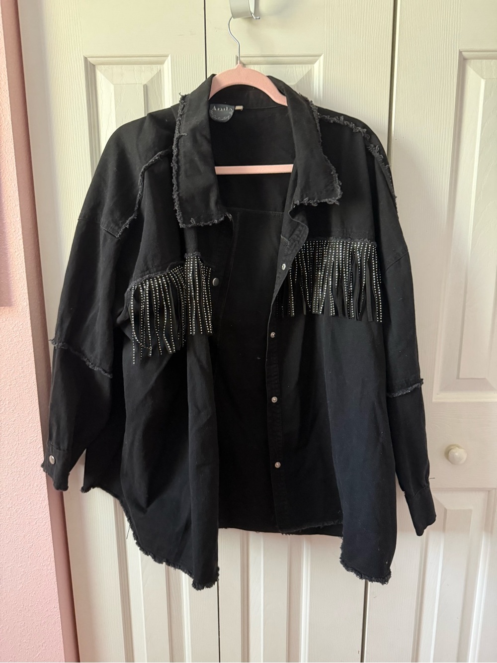Black Fringe Studded Oversized Jacket